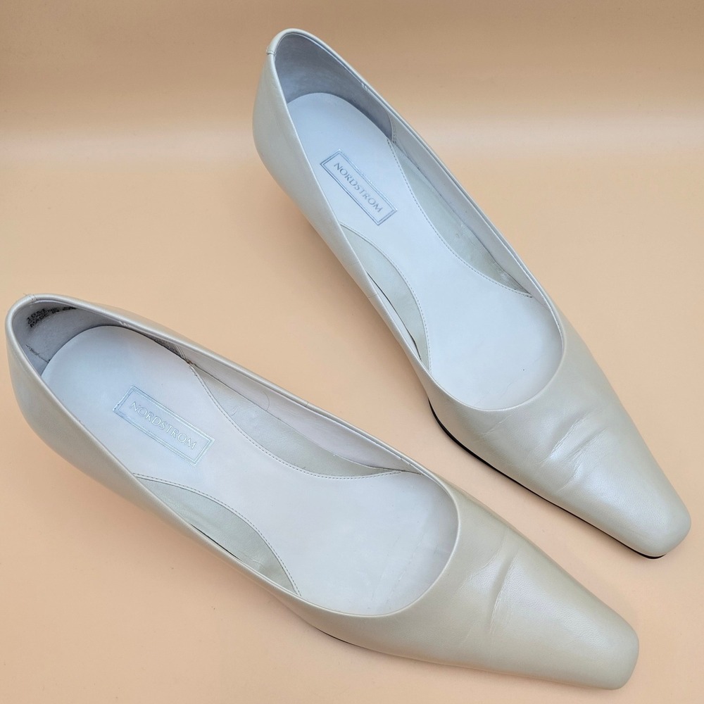 Nordstrom Womens Leather Kitten Heel Pumps Square Pointed Toe Champagne 10M